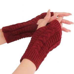 Burgundy Cable Knit Fingerless Gloves | Cozy Winter Hand Warmers
